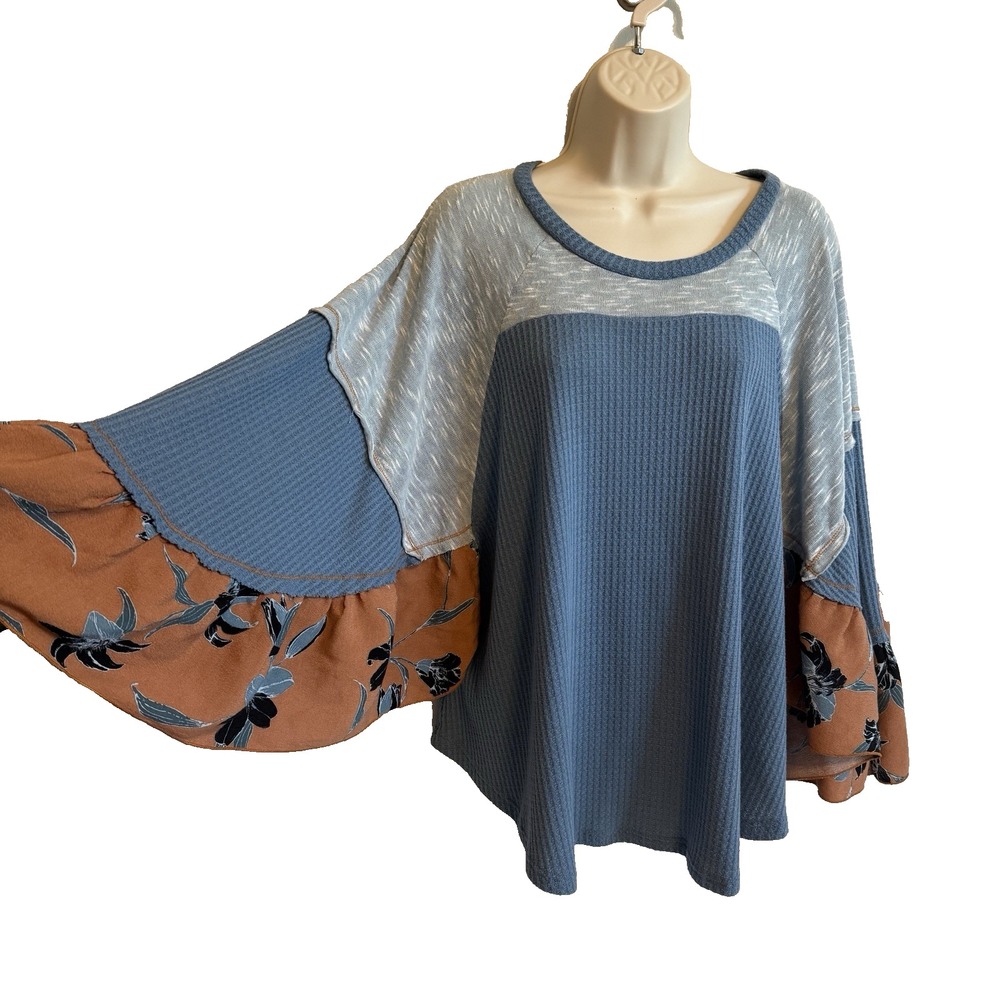Womens Waffle Knit Boho Flared Sleeves Top Size M Thermal Oversized Lagenlook